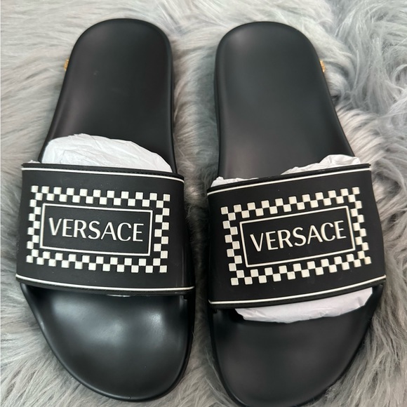 Versace Logo Pool Slides Black & White Sz 38 - Picture 8 of 9